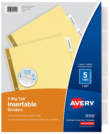 Avery Big Tab Insertable Dividers for 3 Ring Binders, 5-Tab Set, Buff Paper, Clear Tabs, 1 Binder Divider Set (11110)